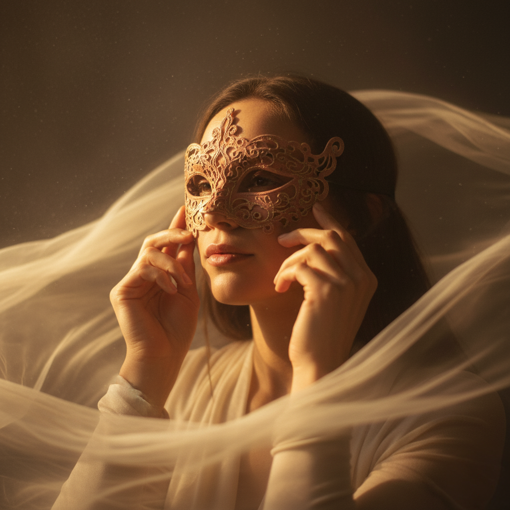 Person gently removing a mask in warm golden light, symbolizing healing shame, sexual identity, and self-acceptance.