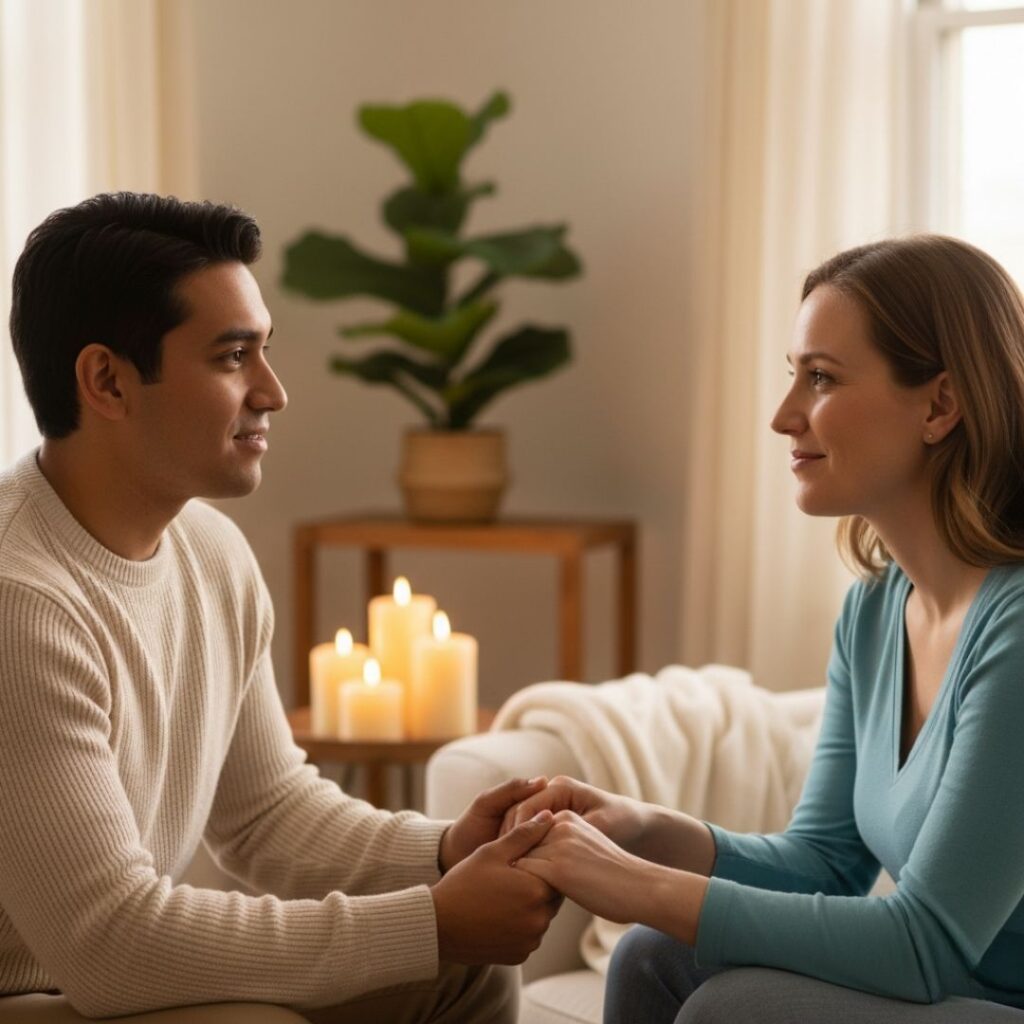 Couple practicing gratitude and deepening emotional and sexual intimacy in a safe, supportive setting.