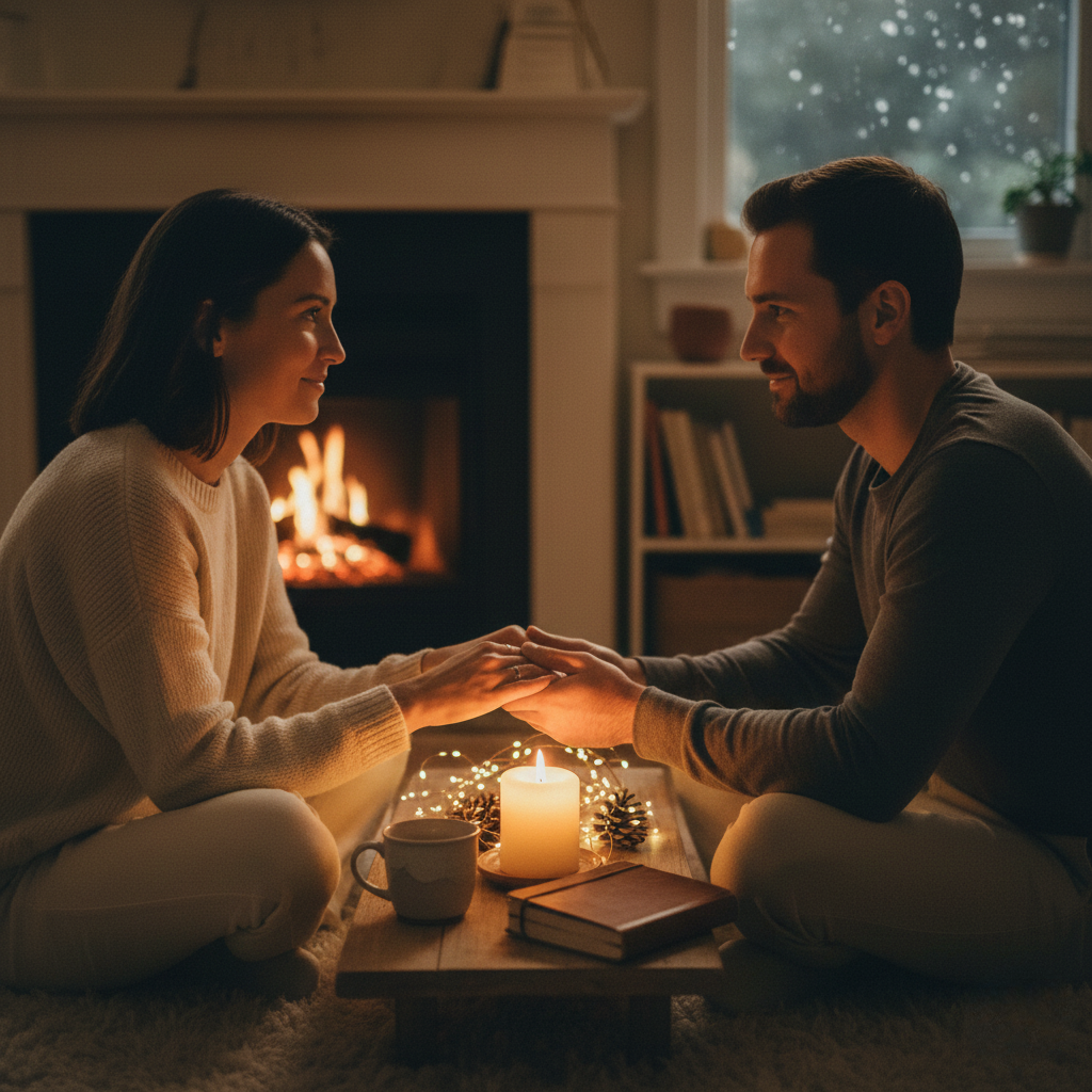 Couple or individual reflecting in a cozy, serene space, cultivating year-end sexual well-being and intimacy