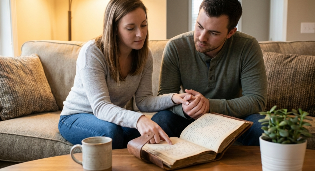 A tender moment between a couple holding hands and looking through an old journal, symbolizing the work of unpacking past narratives to examine and heal their relationship patterns. Image for CRIWB somatic couples therapy in Calabasas and Woodland Hills.
