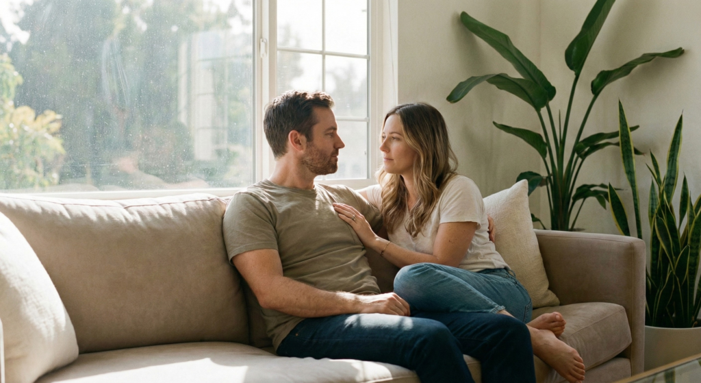 Couple sitting comfortably in a sunlit room discussing intimacy, representing the desire gap and responsive desire. Couples therapy and sex therapy serving Woodland Hills, Calabasas, and Los Angeles.