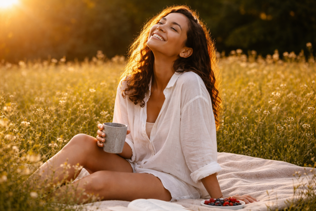 A person experiencing a peaceful, grounding moment in the warmth of the sun, representing somatic therapy and pleasure for nervous system regulation at CRIWB.