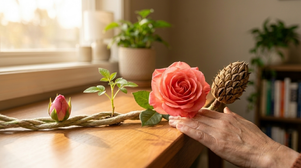 A botanical timeline showing a flower’s evolution from bud to full bloom to seed, a metaphor for women's sexual health across the lifespan. Image for CRIWB, providing holistic couples and somatic therapy to women and individuals in Woodland Hills, Calabasas, and the greater Los Angeles area.