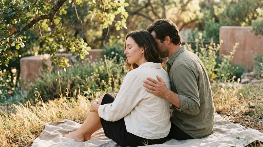 A professional featured image showing a couple calmly embracing on a natural landscape, with a designed text banner overlay reading 'Somatic Connection: Healing Relationships in Woodland Hills' and 'Guidance from CRIWB | Woodland Hills Couples Therapy,' optimized for local search.