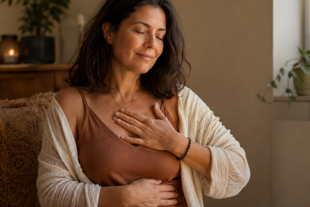 A calming, warm photograph of a woman resting her hands softly on herself, representing somatic healing, shifting desire, and navigating perimenopause and intimacy.